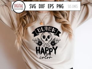 Goth SVG PNG, Black Is My Happy Color Cut File with cute retro skull