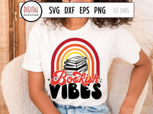 Load image into Gallery viewer, Bookish Vibes SVG, Retro Book Lover Cut File with Rainbow &amp; Book Pile