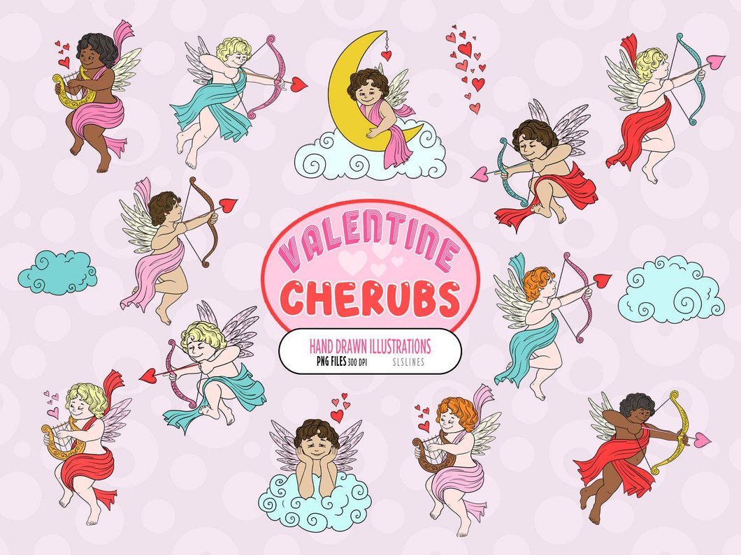 Cherub Clipart, Cute Angel PNGs for Valentine's Day by SLS Lines
