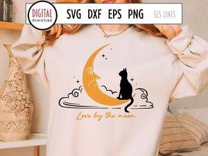 Love By The Moon SVG, Cat & Moon Cut File by SLS Lines