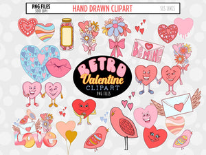 Retro Valentine Clipart, Cute Heart Character Illustrations by SLS Lines