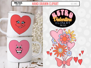 Retro Valentine Clipart, Cute Heart Character Illustrations by SLS Lines