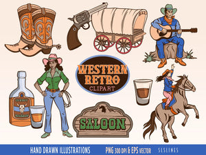 Retro Western Cowboy Clipart - Cowgirl & Old West Graphics Set