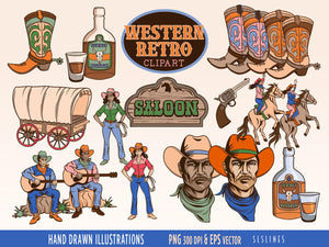 Retro Western Cowboy Clipart - Cowgirl & Old West Graphics Set by sls lines