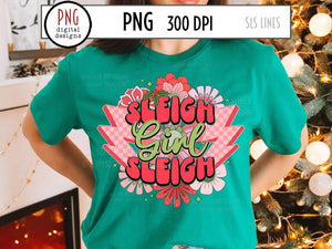 Sleigh Girl Sleigh PNG, Christmas Florals Sublimation with Lightning Bolts