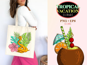 Tropical Beach Vacation Clipart - Tropical Travel Graphics PNG & Vector with tigers and snakes by SLS Lines