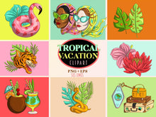 Load image into Gallery viewer, Tropical Beach Vacation Clipart - Tropical Travel Graphics PNG &amp; Vector with tigers and snakes by SLS Lines