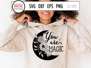 You Are Magic SVG, Crescent Moon Cut File with Lotus Flowers
