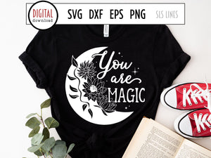 You Are Magic SVG, Crescent Moon Cut File with Lotus Flowers