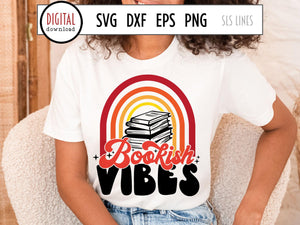 Bookish Vibes SVG, Retro Book Lover Cut File with Rainbow & Book Pile
