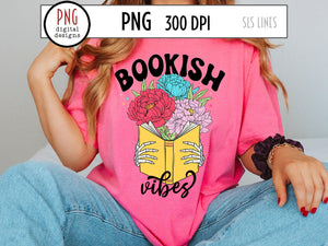 Bookish Vibes PNG, Reading Sublimation with Book & Peony Flowers, Skeleton Reading