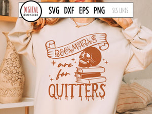 Bookmarks are for Quitters SVG, Skull & Book Pile Cut File, Reading PNG