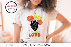 Choose Love SVG, Anatomical Heart with Peonies in a Retro Style by SLS Lines