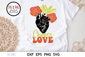 Choose Love SVG, Anatomical Heart with Peonies in a Retro Style by SLS Lines