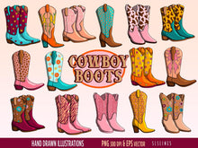 Load image into Gallery viewer, Cowboy Boots Clipart - Retro Western Graphics Set, Pink Cowboy Boots by SLSL Lines