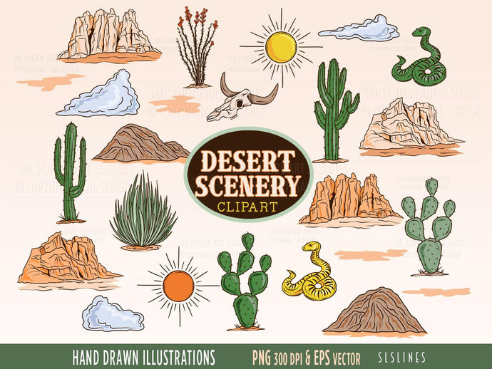 Desert Scenery Clipart - Cactus & Cliffs Graphics Set