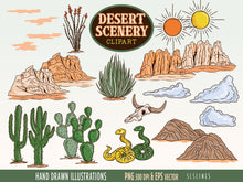 Load image into Gallery viewer, Desert Scenery Clipart - Cactus &amp; Cliffs Graphics Set, Desert Rocks PNG by SLS Lines