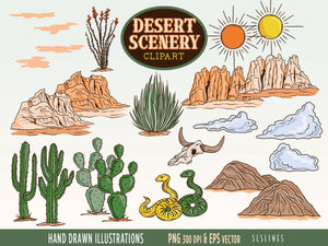 Desert Scenery Clipart - Cactus & Cliffs Graphics Set, Desert Rocks PNG by SLS Lines