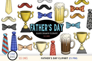 Father's Day Clipart - Beer Pint, Bow Tie & Moustache PNGs by SLS Lines