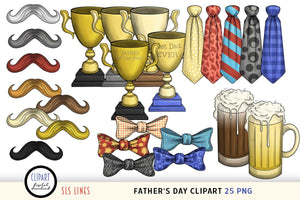 Father's Day Clipart - Beer Pint, Bow Tie & Moustache PNGs by SLS Lines
