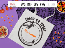 Load image into Gallery viewer, Halloween Trick or Treat Bag SVG, Flying Witch Cut File with crow, Add a name