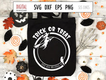 Load image into Gallery viewer, Halloween Trick or Treat Bag SVG, Flying Witch Cut File with crow, Add a name