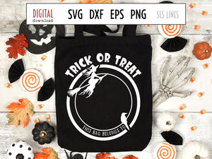 Halloween Trick or Treat Bag SVG, Flying Witch Cut File with crow, Add a name
