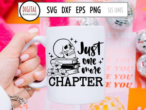 Just One More Chapter SVG, Book Pile & Skull Cut File