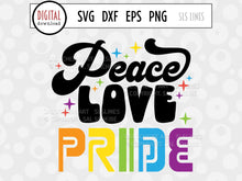 Load image into Gallery viewer, Peace Love Pride LGBTQ SVG  | Pride Day Rainbow Cut File by SLS Lines