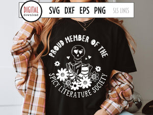 Proud Member of the Spicy Literature Society, Book Lover Cut File with Skeleton Reader and Hippie Flowers