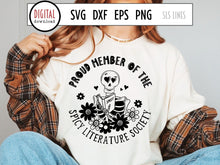 Load image into Gallery viewer, Proud Member of the Spicy Literature Society, Book Lover Cut File with Skeleton Reader and Hippie Flowers