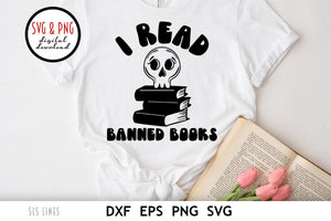I Read Banned Books SVG, Reading Cut File with Book Pile and Cute Retro Skull