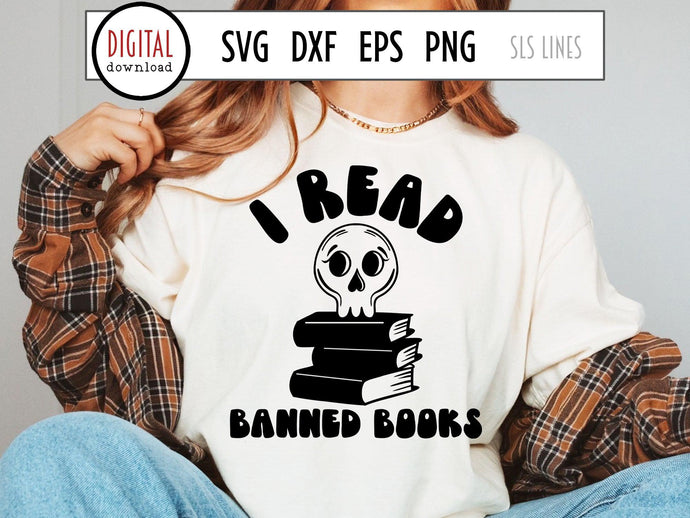 I Read Banned Books SVG, Reading Cut File with Book Pile and Cute Retro Skull