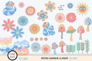 Retro Garden Clipart - Hippie Sunshine & Flowers PNG by SLS Lines