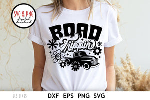 Road Trip SVG - Retro Road Trippin' with Vintage Truck & Flowers Cut File by SLS Lines