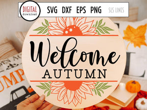 Round Fall Sign SVG, Welcome Autumn Cut File