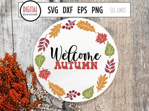 Round Fall Sign SVG, Welcome Autumn Cut File by SLS Lines