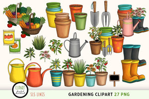 Summer Gardening Clipart - Vegetables, Pots & Garden Tools PNG - SLSLines