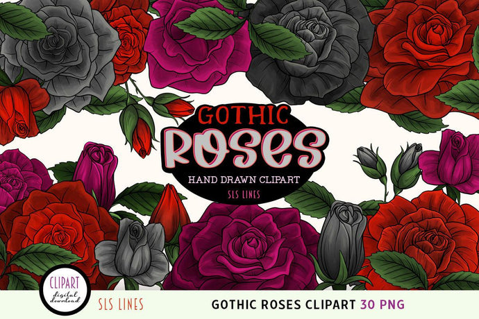 Gothic Roses Clipart - Black, Red & Magenta Rose Illustrations PNG, SLS Lines