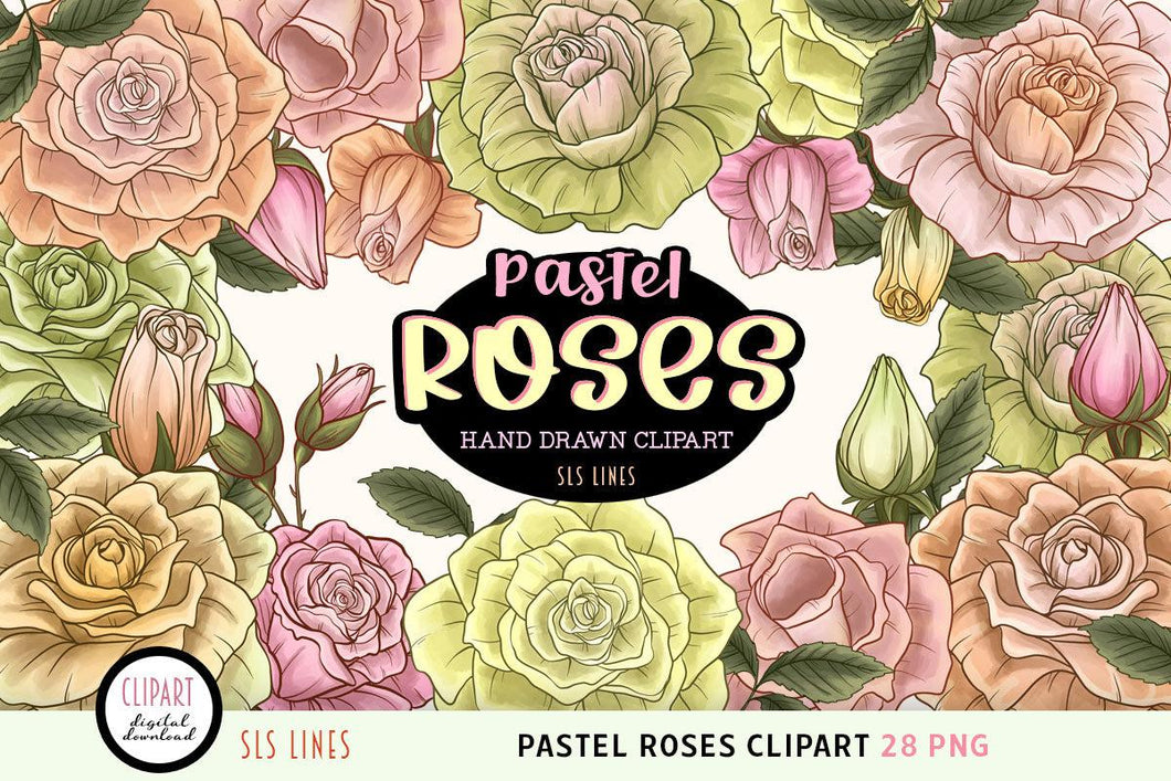 Pastel Roses Clipart - Pretty Softly Colored Rose Illustrations PNG - SLS Lines