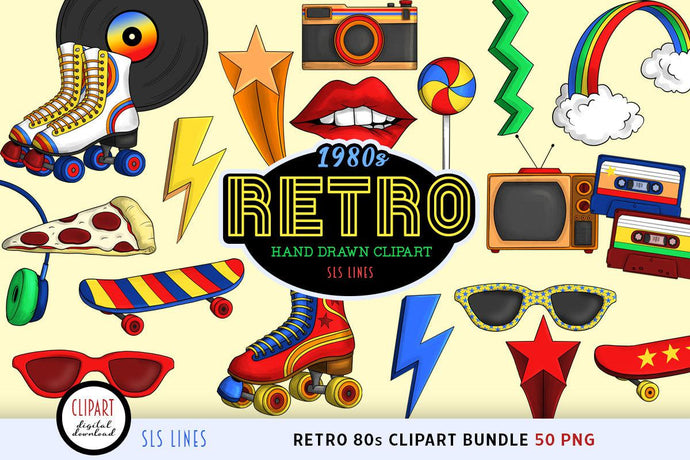 Retro 1980s Clipart - Rollers Skates, Rainbows & Cassettes PNG by SLS Lines