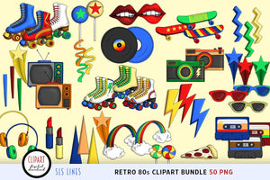 Retro 1980s Clipart - Rollers Skates, Rainbows & Cassettes PNG by SLS Lines