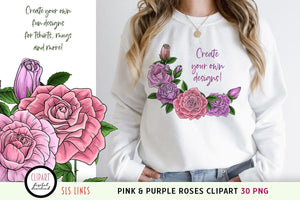 Pink & Purple Roses Clipart - Pretty Rose Illustrations PNG - SLSLines