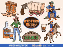 Load image into Gallery viewer, Retro Western Cowboy Clipart - Cowgirl &amp; Old West Graphics Set