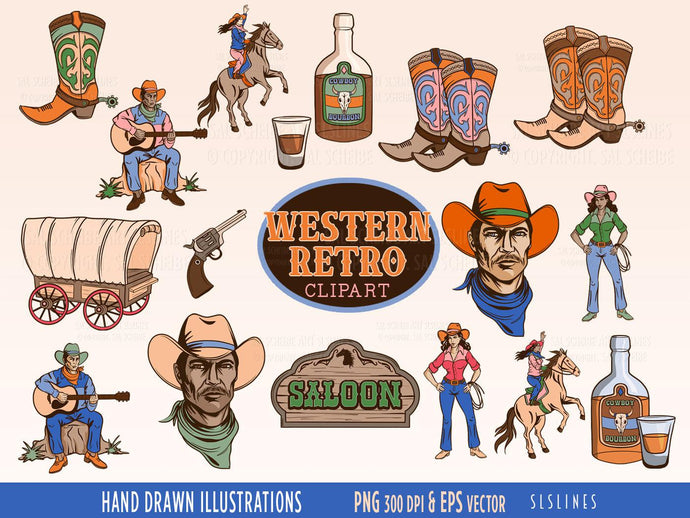 Retro Western Cowboy Clipart - Cowgirl & Old West Graphics Set