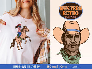 Retro Western Cowboy Clipart - Cowgirl & Old West Graphics Set by sls lines