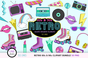 Retro 80s & 90s Clipart - Skateboards, Roller Skates & Rainbows PNG by SLS Lines
