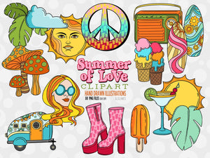 Hippie Clipart - Summer of Love Illustrations, Retro PNGs by SLS Lines