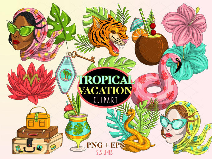 Tropical Beach Vacation Clipart - Tropical Travel Graphics PNG & Vector with tigers and snakes by SLS Lines
