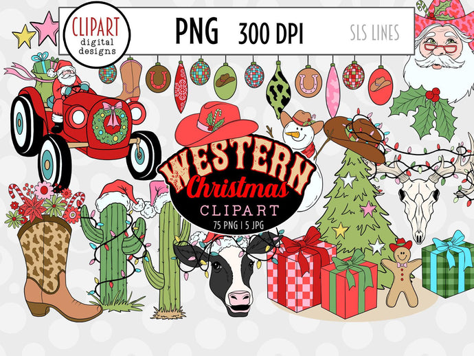 Western Christmas Clipart Bundle - Cowboy Santa PNG by SLS Lines